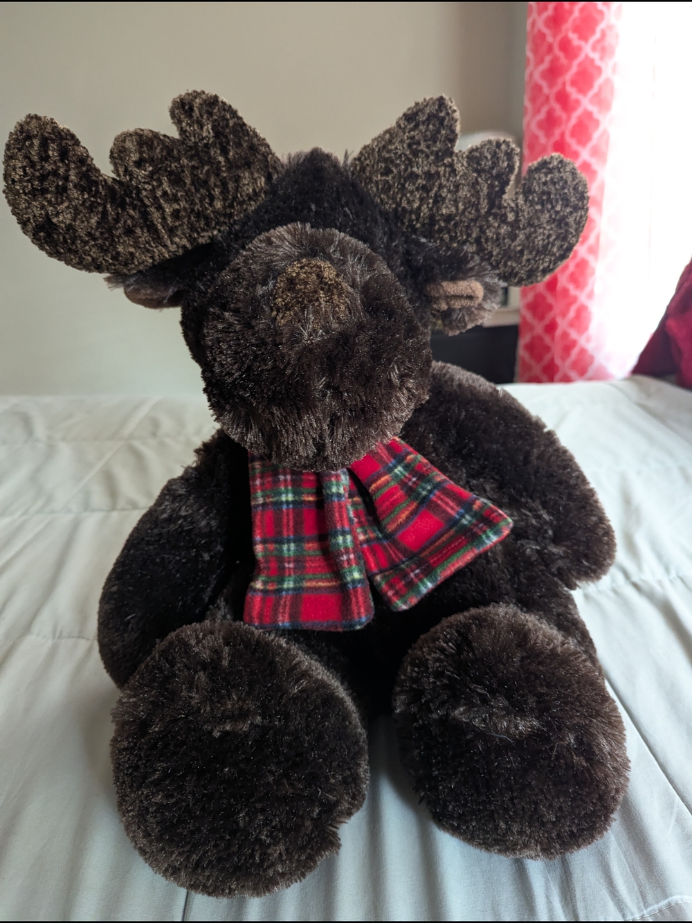 Plush Moose with Plaid Scarf - Dark Brown